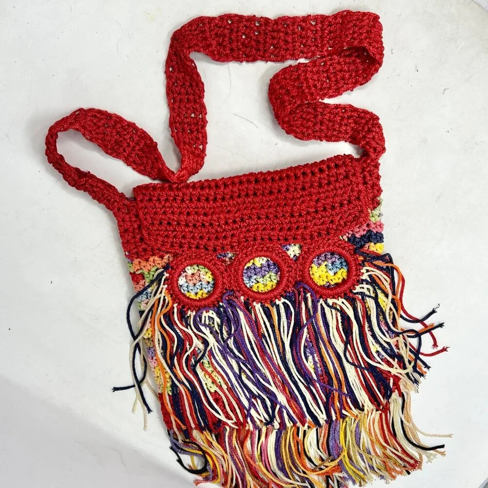 Crochet Shoulder Bag Handmade Boho Hippie Rainbow Fringe - Read‎ - Rough Fibers
